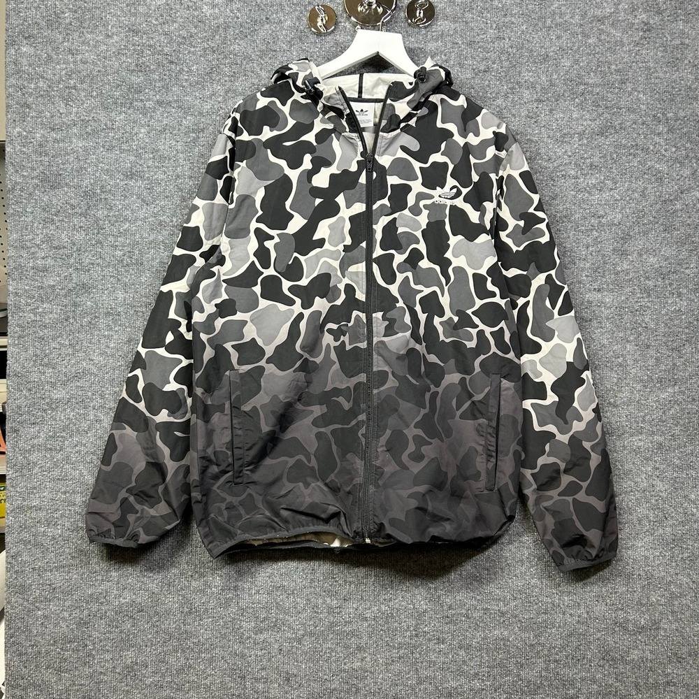 Adidas Originals Windbreaker Jacket Mens L Black Gray Camo Good Full Zip Hooded